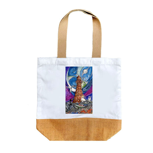 Full Moon Meeting at Whitford Lighthouse Jute Bag Thumbnail