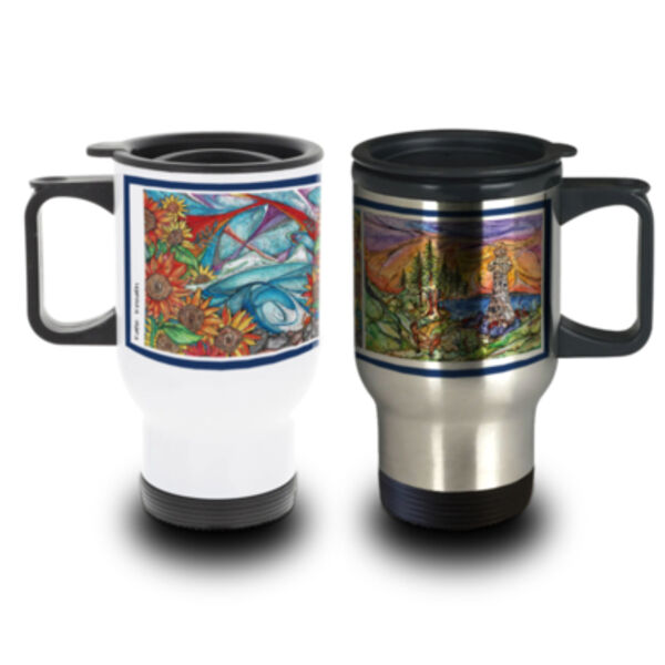 Sunflowers and Cwm Ivy Lighthouse Travel Mug Thumbnail